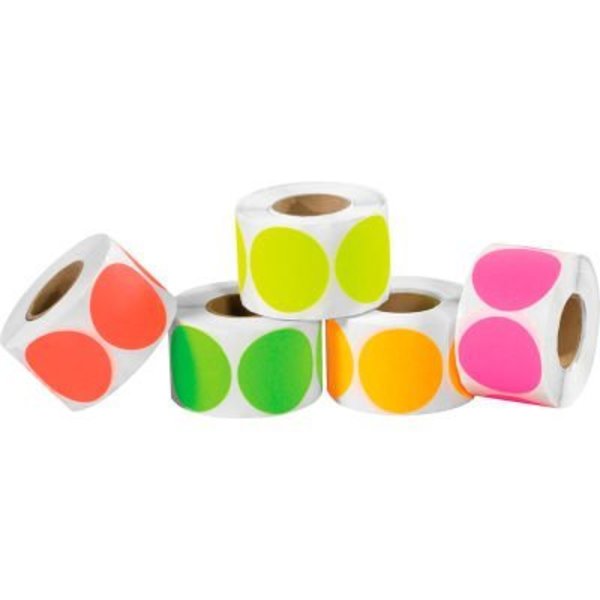 Box Packaging 2" Dia. Inventory Circles, 5 Fluorescent Colors, 5 Rolls of 1000 Labels Each DL1236